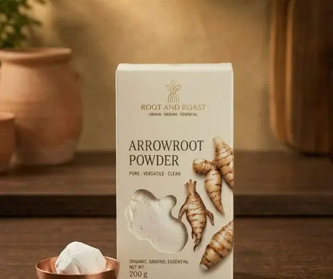 Photo 1: Arrowroot powder box with a copper bowl of arrowroot