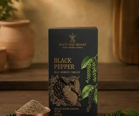 Photo 1: Black pepper box with ground pepper and a fresh pepper vine