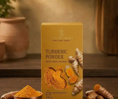 Photo 1: Turmeric powder box with a copper bowl of turmeric and fresh roots